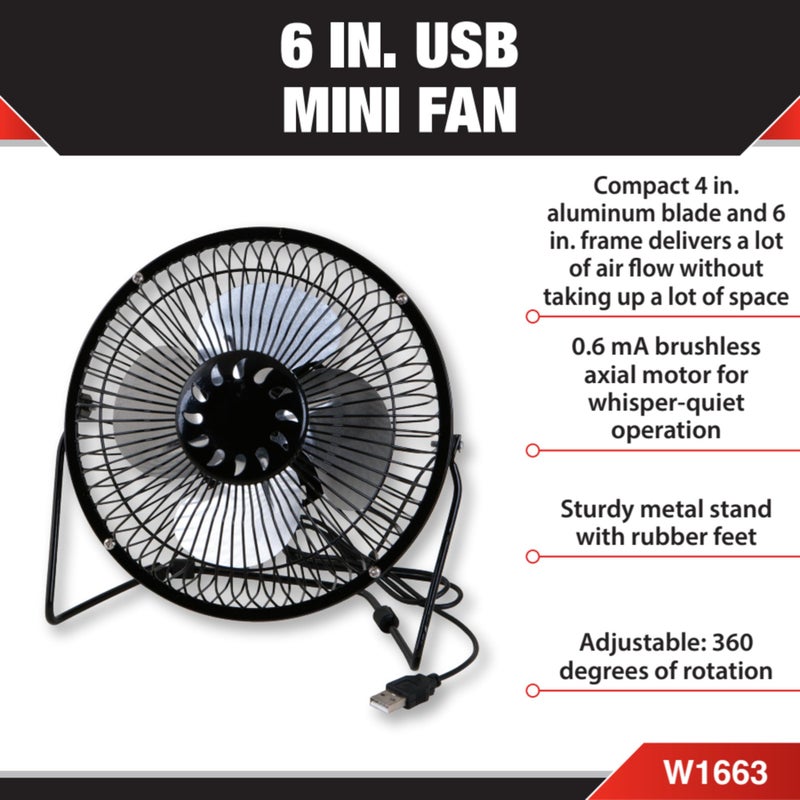 Performance Tool W1663 6-Inch Blade (Powerful Airflow, Low Noise, Metal Design, USB Powered, Personal Table Fan, Mini Cooling Fan, Small Desk Fan, Quiet Office Fan), 1 Pack - Image 2